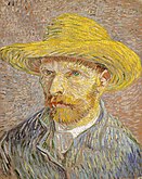 A portrait of Vincent van Gogh from the left, with a relaxed look, a red beard and wearing a straw hat.