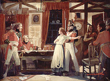 Painting of Laura Secord warning British commander James FitzGibbon of an impending American attack at Beaver Dams