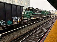 A New York and Atlantic freight train at Jamaica station.