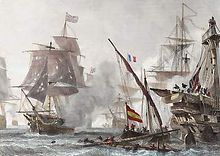 Painting of a naval battle with British, French and Spanish ships exchanging cannon fire