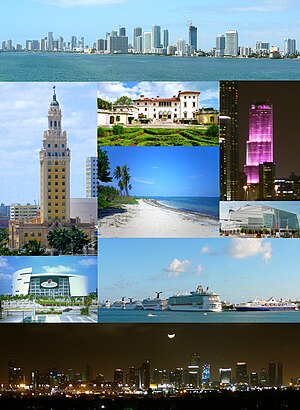 Van bo, links na regs: Downtown, Freedom Tower, Villa Vizcaya, Miami Tower, Virginia Key Beach, Adrienne Arsht Centre for the Performing Arts, American Airlines Arena, PortMiami, die maan bo Miami
