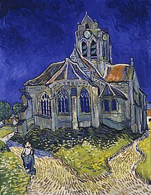 Vincent van Gogh วาดภาพ The Church at Auvers จากปีพ. ศ. 2433 โบสถ์สีเทากับท้องฟ้าสีคราม
