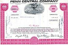 Pink-colored, 100 share stock certificate of Penn Central Company