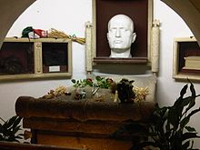 Tomb of Mussolini in the family crypt, in the cemetery of Predappio, sarcophagus with death mask