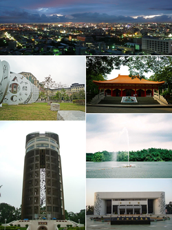 En el sentido de las agujas del reloj desde la parte superior izquierda: vista de la noche en Chiayi, el templo de Chiayi Confucio, la fuente en el embalse de Lantan, el estadio deportivo de la ciudad de Chiayi, la torre de tiro Chiayi Sun, la Universidad Nacional de Chiayi