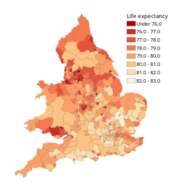 Map of districts in England and Wales shaded by life expectancy.
