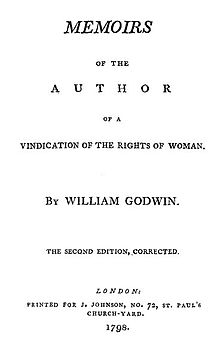 Title page reads "Memoirs of the Author of A Vindication of the Rights of Woman. By William Godwin. The Second Edition, Corrected. London: Printed for J. Johnson, No. 72, St. Paul's Church-yard. 1798.