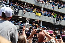 Crosby with the Stanley Cup during the Penguins' victory parade.