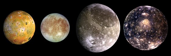 The Galilean moons. From left to right, in order of increasing distance from Jupiter: Io, Europa, Ganymede, Callisto.