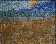 A squarish painting of a darkened wheatfield of stacks, with a river and mountains in the background under a rising full moon.