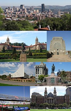 Clockwise from top left: Pretoria CBD skyline, Voortrekker Monument, Church Square, the Palace of Justice, Loftus Versfeld Stadium, Administration Building of the University of Pretoria and Front view of the Union Buildings.