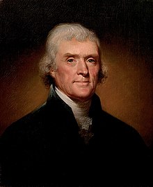 머리카락이 가득 찬 50 대 후반의 Jefferson의 초상화