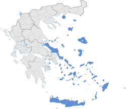 หมู่เกาะอีเจียน (สีน้ำเงิน) ในกรีซ
