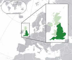 Ligging van Engeland (donkergroen) - in Europa (groen en donkergrys) - in die Verenigde Koninkryk (groen)