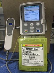 A patient-controlled analgesia infusion pump, configured for epidural administration of fentanyl and bupivacainefor postoperative analgesia