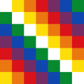 A square flag made of thirteen diagonal arrangements of colored squares, following a rainbow pattern towards the center, the squares in the center being white.