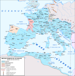 Die Wes-Romeinse Ryk in 418 nC, na die verlating van Britannia en die vestiging van die Visigote, Boergondiërs en Suebi binne imperiale gebied as foederati