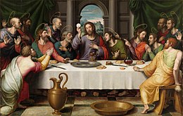 A depiction of the Last Supper. Jesus sits in the center, his apostles gathered around on either side of him.
