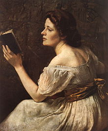 Portrait of a girl reading a book with her shoulder and back exposed painted in a brown palette.