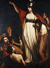 Painting of woman, with outstretched arm, in white dress with red cloak and helmet, with other human figures to her right and below her to the left.