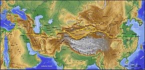 Mapa de Eurasia con líneas dibujadas para rutas terrestres