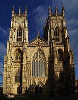 A gothic cathedral with two towers.
