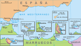 プラザデソベラニア、セウタ（ペレヒル島）、本土のメリリャ、海岸から北に50kmのアルボラン島