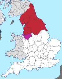A map of the historic counties of England, with those counties normally taken as "northern" highlighted.