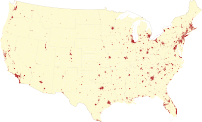 An enlargeable map showing urban areas and urban clusters of the contiguous United States.