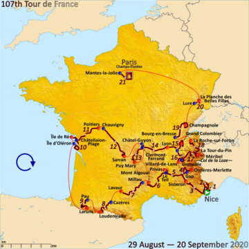 แผนที่ของฝรั่งเศสพร้อมเส้นทางของ 2020 ตูร์เดอฟรองซ์