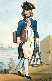 A full size portrait of a boy with long golden hair wearing the uniform of a midshipman: a bicorne hat, a blue tails coat with white patches on the collar, a white waistcoat, breeches and hose, and a sword on the left side