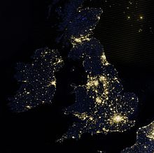 A satellite photo of the British Isles at night