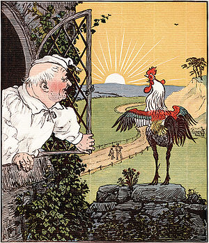 minh họa về một con gà trống đang gáy đối mặt với mặt trời mọc với một người đàn ông, mặc áo ngủ và áo choàng ngủ, nghiêng người ra ngoài cửa sổ. Bối cảnh cho thấy hai bóng người nhỏ đang đi bộ dọc theo một con đường có hàng rào.