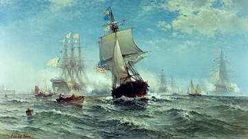 Sail warships at sea with full sail; in the center middle ground, the US ship; in the background, four French warships in a haze giving it a cannon salute with gunpowder; small boats also in the water in the middle ground.