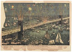 An image titled "Bird's-Eye View of the Great New York and Brooklyn Bridge and Grand Display of Fire Works on Opening Night"