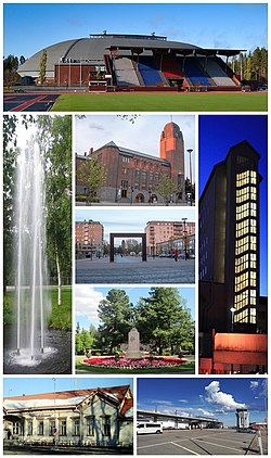 Theo chiều kim đồng hồ từ trên cùng bên trái: Nhà thi đấu Joensuu, Bệnh viện Trung tâm Bắc Karelia, Sân bay Joensuu, Ga xe lửa Joensuu và đài phun nước trong công viên; ở giữa từ trên xuống dưới: Tòa thị chính Joensuu, Cảng Joensuu gần quảng trường chợ và Tượng Nữ thần Tự do trong Công viên Nữ thần Tự do