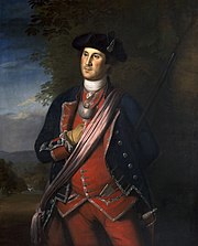 Painting of Washington, by Charles Wilson Peale, standing in a formal pose, in a colonel's uniform, right hand inserted in shirt.