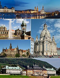ตามเข็มนาฬิกา: Dresden ในเวลากลางคืน, Dresden Frauenkirche, Schloss Pillnitz, Dresden Castle และ Zwinger