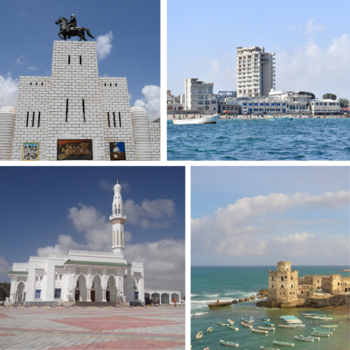 En el sentido de las agujas del reloj desde arriba: monumento a Sayid Mohammed Abdullah Hassan, playa Lido, mezquita Isbahaysiga y antiguo puerto pesquero.