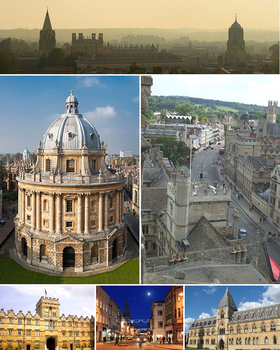 Van linksboven naar rechtsonder: panorama van de skyline van Oxford vanaf St Mary's Church; Radcliffe Camera; High Street van boven naar het oosten; University College, hoofdvierhoek; High Street bij nacht; Natural History Museum en Pitt Rivers Museum