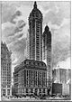 Drawing of a 50-story building with a square-cross section; a large tower projects from one corner of the building, and the tower has a rounded roofline with a tapering spire.