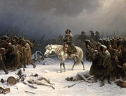 モスクワから撤退する冬のナポレアンと彼の軍隊の絵