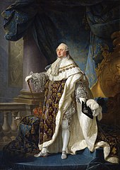 Painting showing French King Louis XVI, standing, wearing formal King's robe