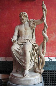 Marble statue of Asclephius on a pedestal, symbol of medicine in Western medicine