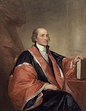Gilbert Stuart portrait of Chief Justice John Jay in robes, seated and holding a law book