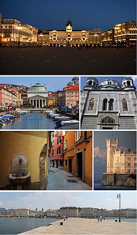 Un collage de Trieste que muestra la Piazza Unità d'Italia, el Canal Grande (Gran Canal), la iglesia ortodoxa serbia, una calle estrecha de la Ciudad Vieja, el Castello Miramare y el paseo marítimo de la ciudad.