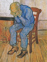 A painting of an old man who sits on a chair with his head in his hands.
