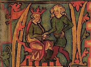 A page from an illuminated manuscript shows two male figures. On the left a seated man wears a red crown and on the right a standing man has long fair hair. Their right hands are clasped together.