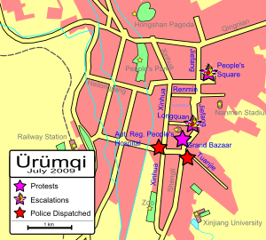 Road map of Ürümqi, showing where protests occurred and where they escalated, and where police were dispatched. Protests occurred at the Grand Bazaar in the centre of the map, at People's Square in the northeast, and at the intersection of Longquan and Jiefang Roads in between; protests escalated at the latter two locations. Police were later dispatched to two locations south of the Grand Bazaar.