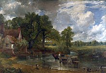 A horse-drawn wagon crossing a river towards a cottage, with trees and fields beyond